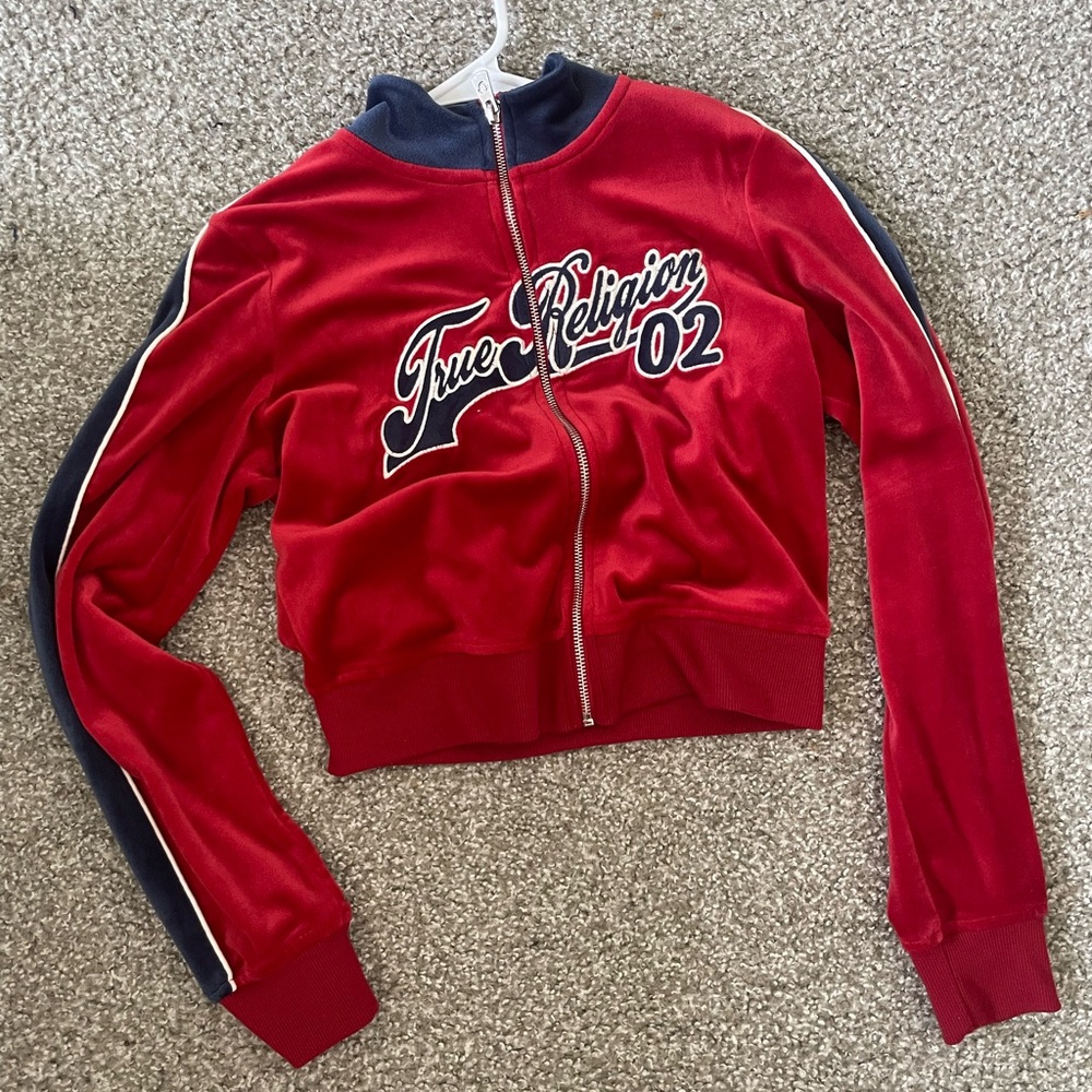True Religion Red Bomber Jacket with Graphic Design